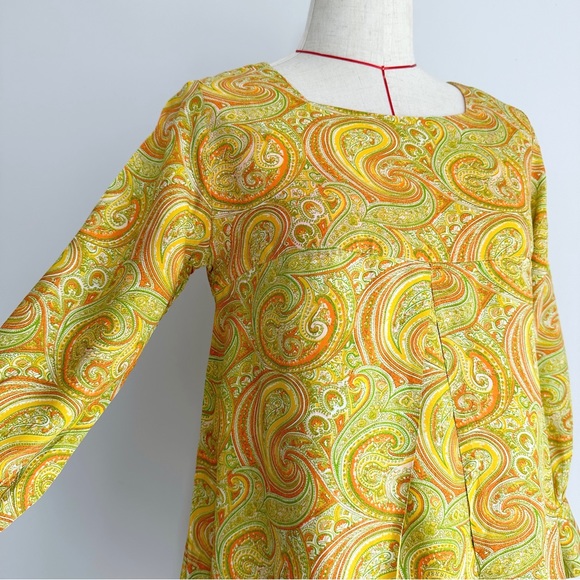 Vintage 60’s Dress Size UK 8 Yellow Paisley Mini Square Neck - Picture 15 of 16